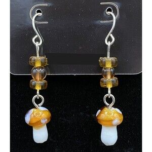 Handmade Small Mushroom Brown White & Amber Glass Bead Earrings by Neanie-Bot